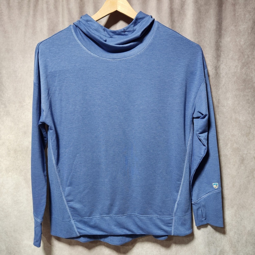 women's KUHL Rhea cowl neck Hoodie Blue pullover Terry thumbholes stretch sz XL - Picture 2 of 8